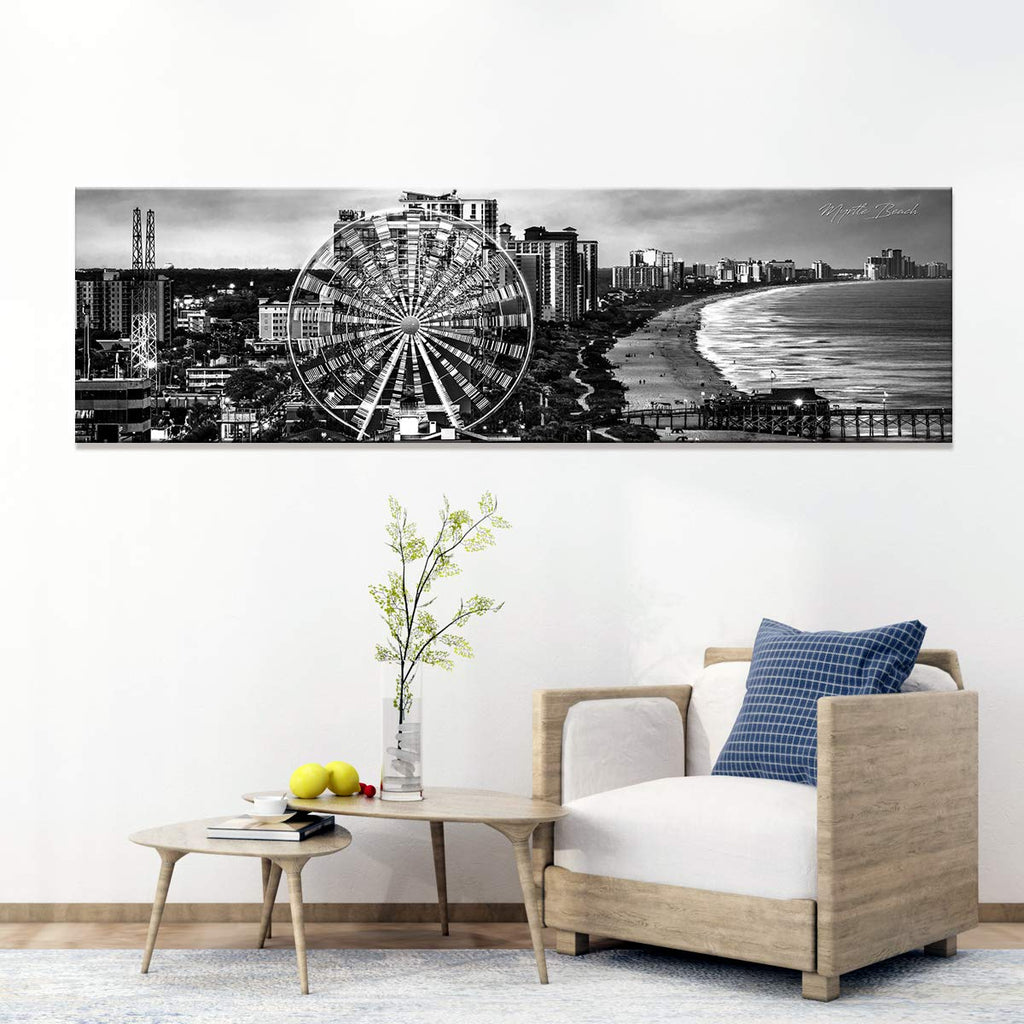 Myrtle Beach Wall Art Ferris Wheel Skyline Wall Decor Black and White Cityscape Panoramic Canvas Paintings USA South