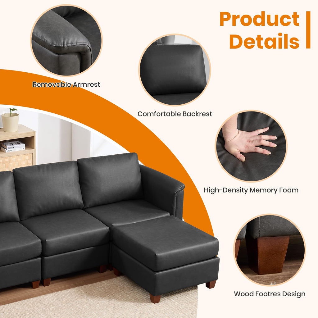 115" Modern Sectional Sofa, Faux Leather Modular Sectional Couchs with Storage Waterproof Convertible U/L Shaped Wide