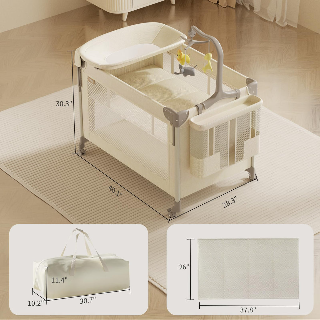 4-in-1 Play Yard with Bassinet Bedside Sleeper for Baby Playard