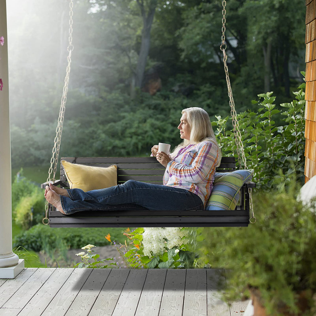 5FT Black Porch Swing, Wooden Bench with Adjustable Safe Chains