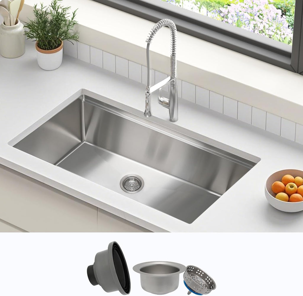 32 Inch Undermount Kitchen Sink - 11 Gauge (3mm) Stainless Steel, Single Bowl with Integrated Ledge, Superior Drain
