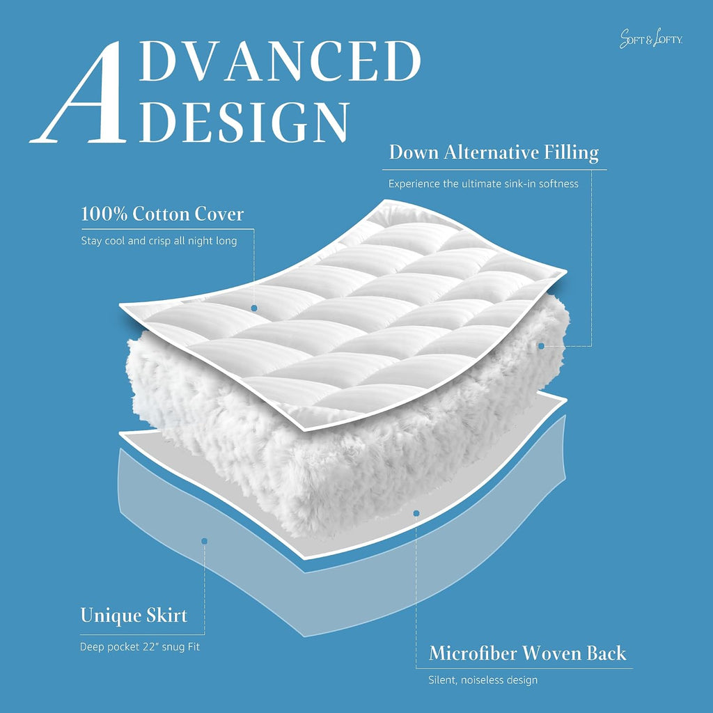 Queen Mattress Topper with 100% Breathable Cotton Top for Back Pain Relief | Ultra Soft Pillow Top Mattress Pad with