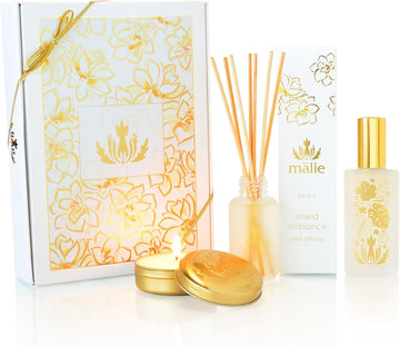 Home Ambiance Gift Box, Pikake, Hawaiian Aromatherapy Gift Set with Reed Diffuser, Ambiance Mist + Soy Candle