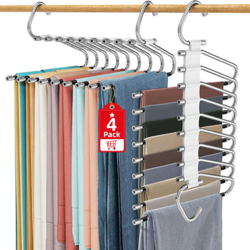 Upgrade 9 Layers Pants Hangers Space Saving, 4 Pack Multifunctional Pants Rack Non Slip Stainless Steel Clothes Space