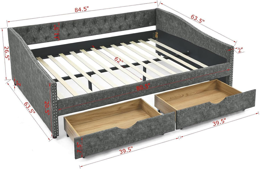 Wood Queen Size Daybed, Day Bed Frame with 2 Storage Drawers, Upholstered Bed Frame Queen Sofa Bed with Button and