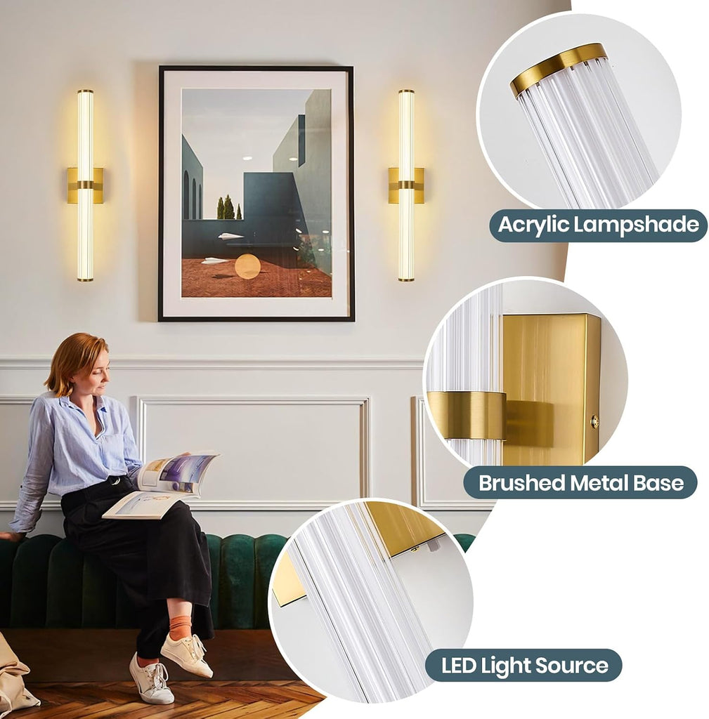 Modern Gold LED Wall Sconce with 3 Color Temperatures, Slim Vertical Linear Wall Light for Bedroom Bedside Living