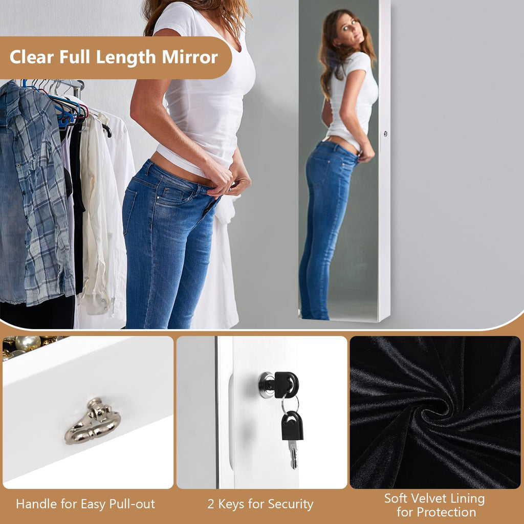 Wall Mounted Jewelry Armoire with Full Length Mirror & 2 LED Lights, Large Storage Capacity, Lockable Mirror Jewelry
