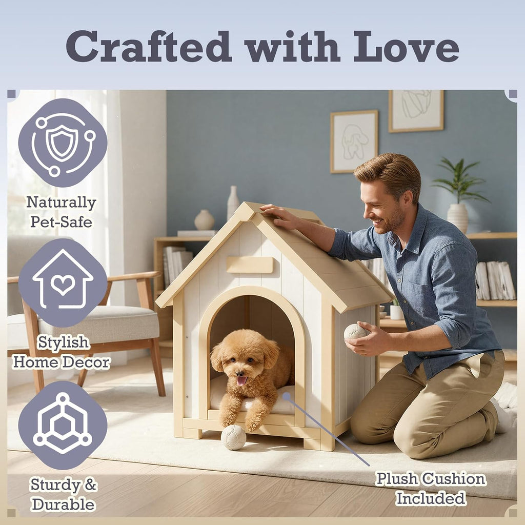 Indoor Dog House for Small Dogs, FSC Certified Cedar Wood Cat House with Cushion, Natural Solid Wooden Pet House