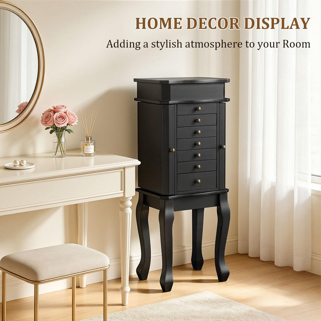 Standing Jewelry Armoire Cabinet, Large Freestanding Jewelry Organizer Box with Mirror, 7 Drawers & 2 Side Doors