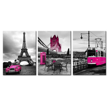 Hot Pink Paris Canvas Wall Prints Bathroom Bedroom Decor Eiffel Tower Cityscape Posters for Girls Room Decorations
