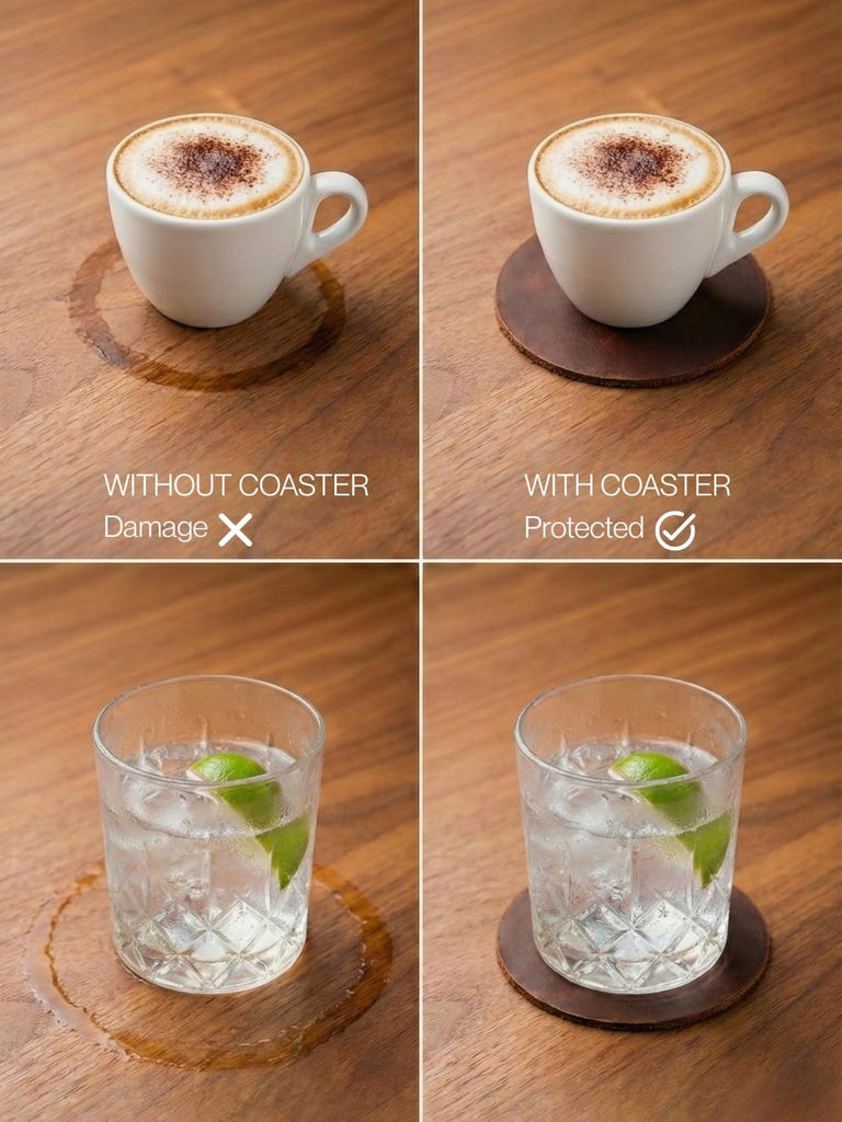 Real Natural Grain Leather Coasters - Durable Non-Slip Distressed Design for Table Protection in Home - Set of 6