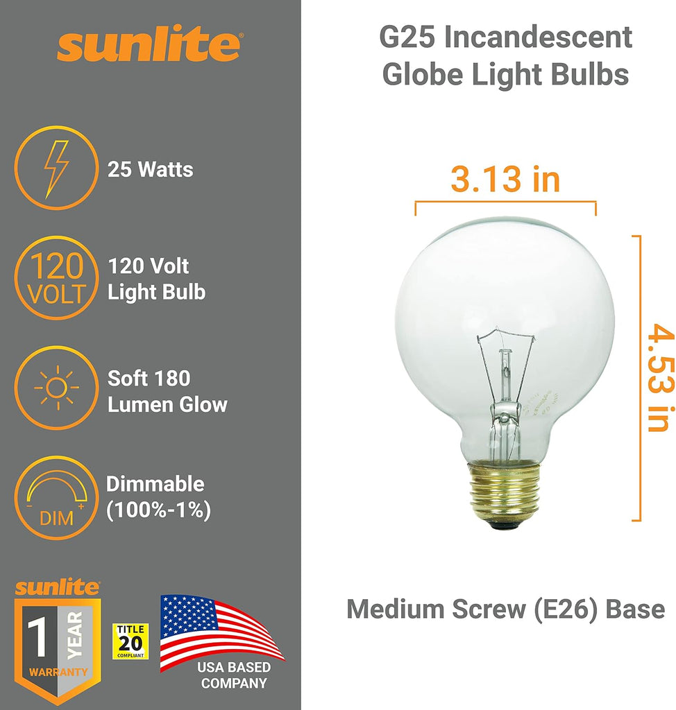 G25 Globe Incandescent Light Bulbs, 25 Watts, Medium Base (E26), 120 Volt, Clear, Dimmable, Title 20 Approved, 2600K