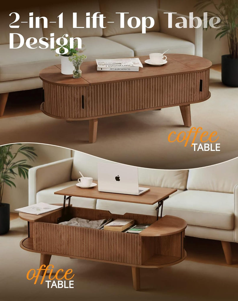 Oval Lift Top Coffee Table with Storage, 47.2" Mid Century Modern Living Room Center Table with 180° Sliding Tambour