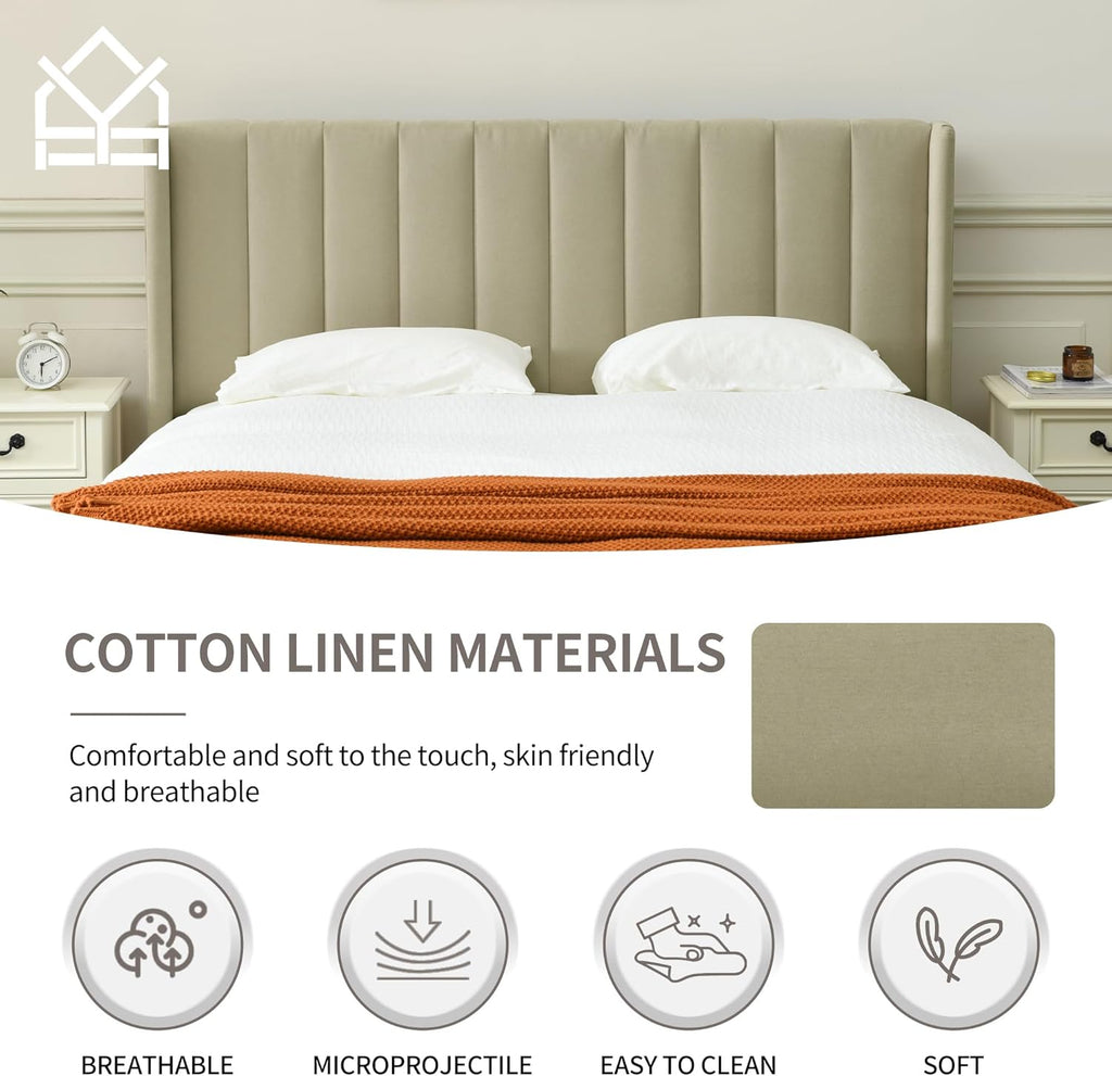 Upholstered Platform Bed Frame/Queen Bed Frame/Modern Geometric Double-Wing Design headboard/Linen Fabric/Easy to