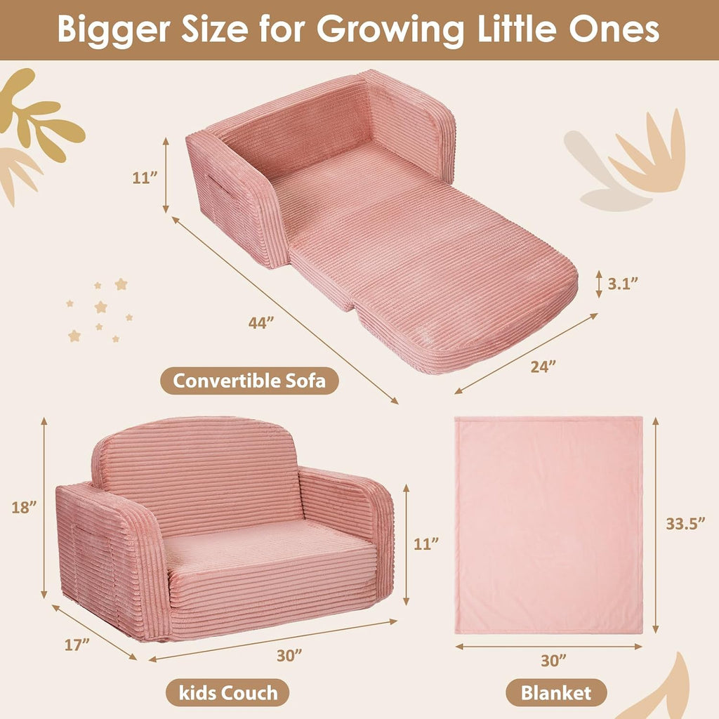Extra Wide 2 in 1 Convertible Toddler Kids Couch - Corduroy Fold Out Kids Sofa Chair with Blanket, Comfy Comfortable