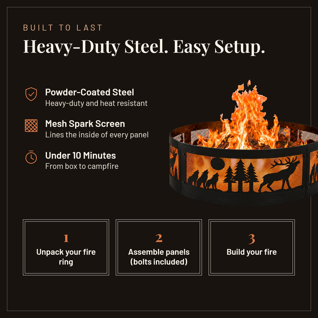 Fire Horse 36 Inch Fire Pit Ring - Heavy Duty Wood Burning Fire Ring Insert - Outdoor Steel Campfire Bonfire Pit