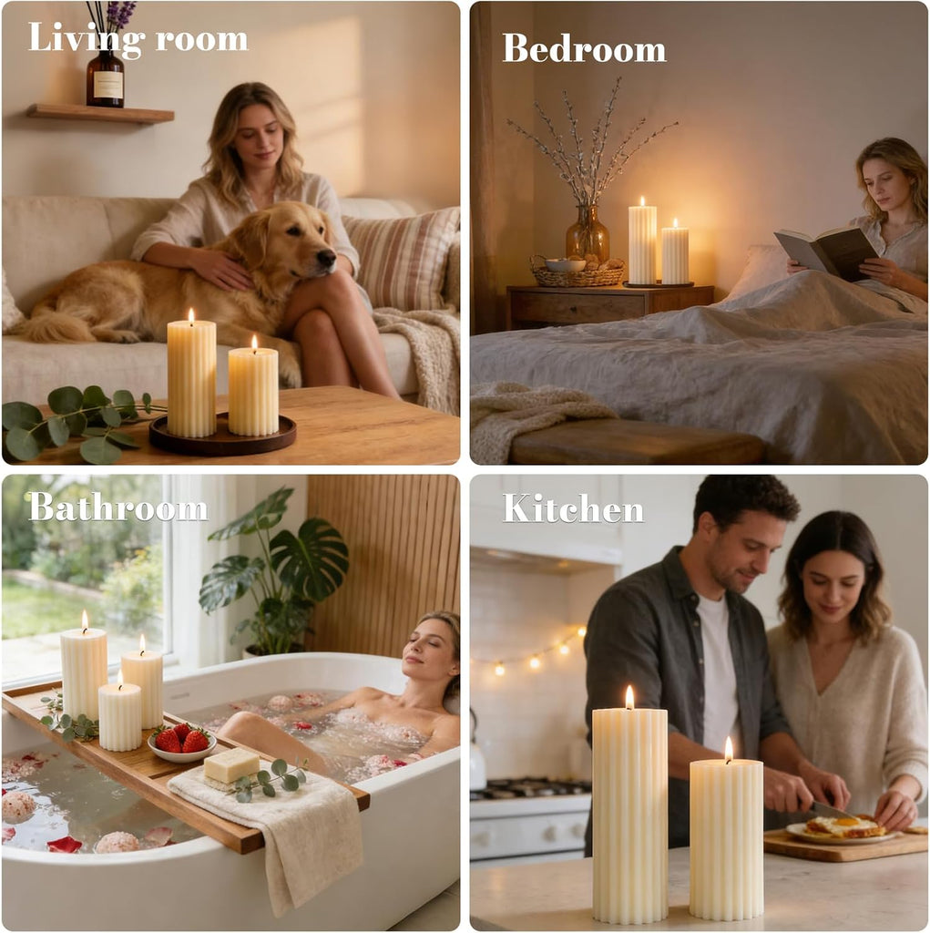 Ribbed Soy Pillar Candles,Cashmere Amber Scented - Set of 3