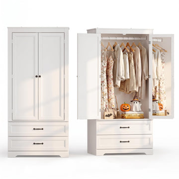 Wooden Armoire Wardrobe with Full-Length Mirror & 2 Drawers, 2 Doors, Hanging Rod, Anti-tip, Adjustable Mirror