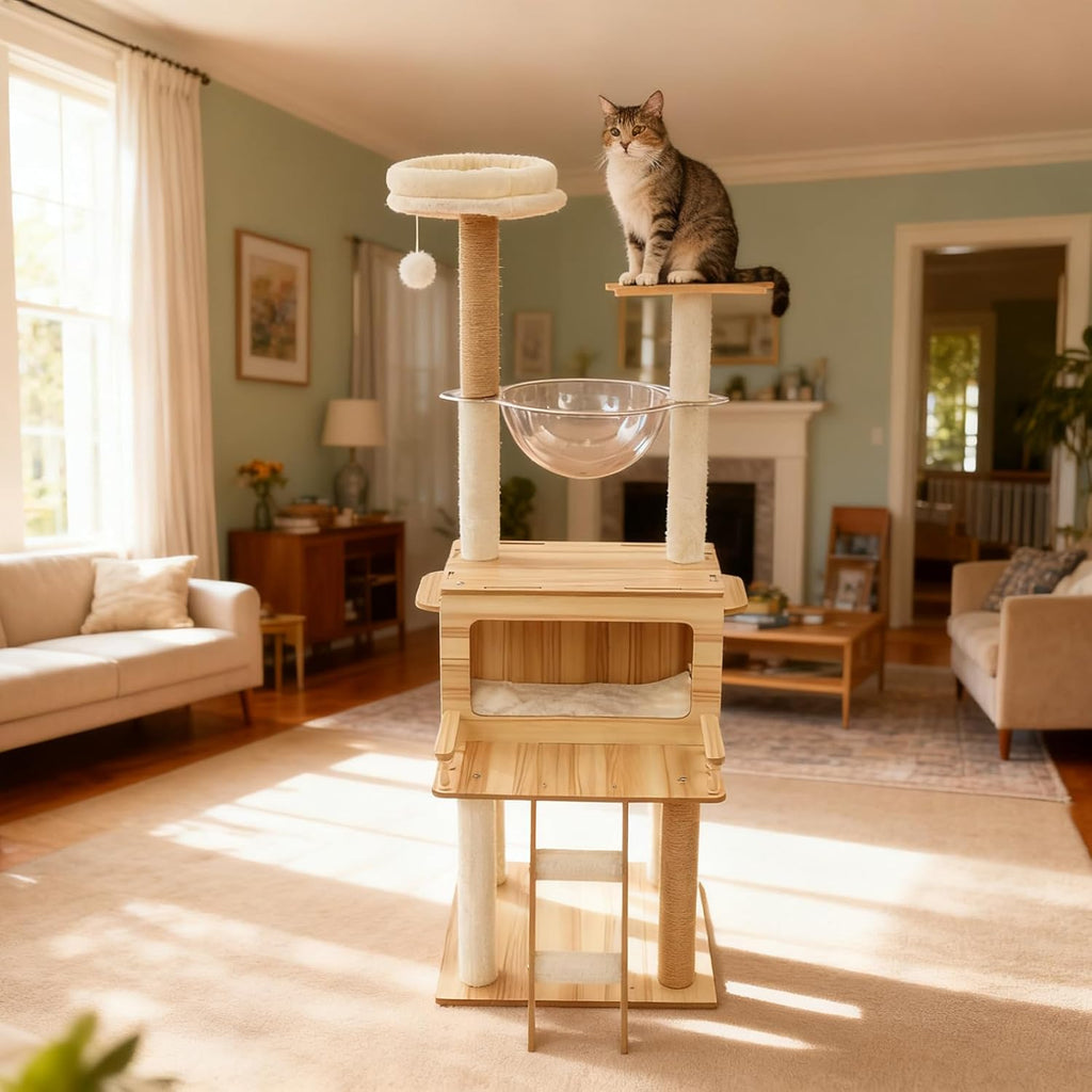 57.9in Wood Cat Tree Tower for Indoor Cat, Modern Minimalist Cat Furniture with Cat Scratching Post & Observation