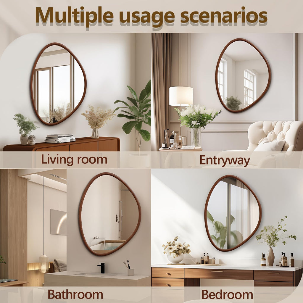 31.5"x23.5" Irregular Wall Mirror, Walnut Wood Bathroom Mirror