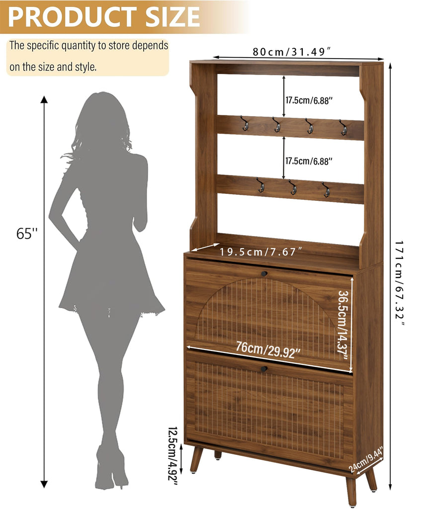 Shoe Storage Cabinet with 2 Fluted Flip Drawers & Coat Rack, Walnut