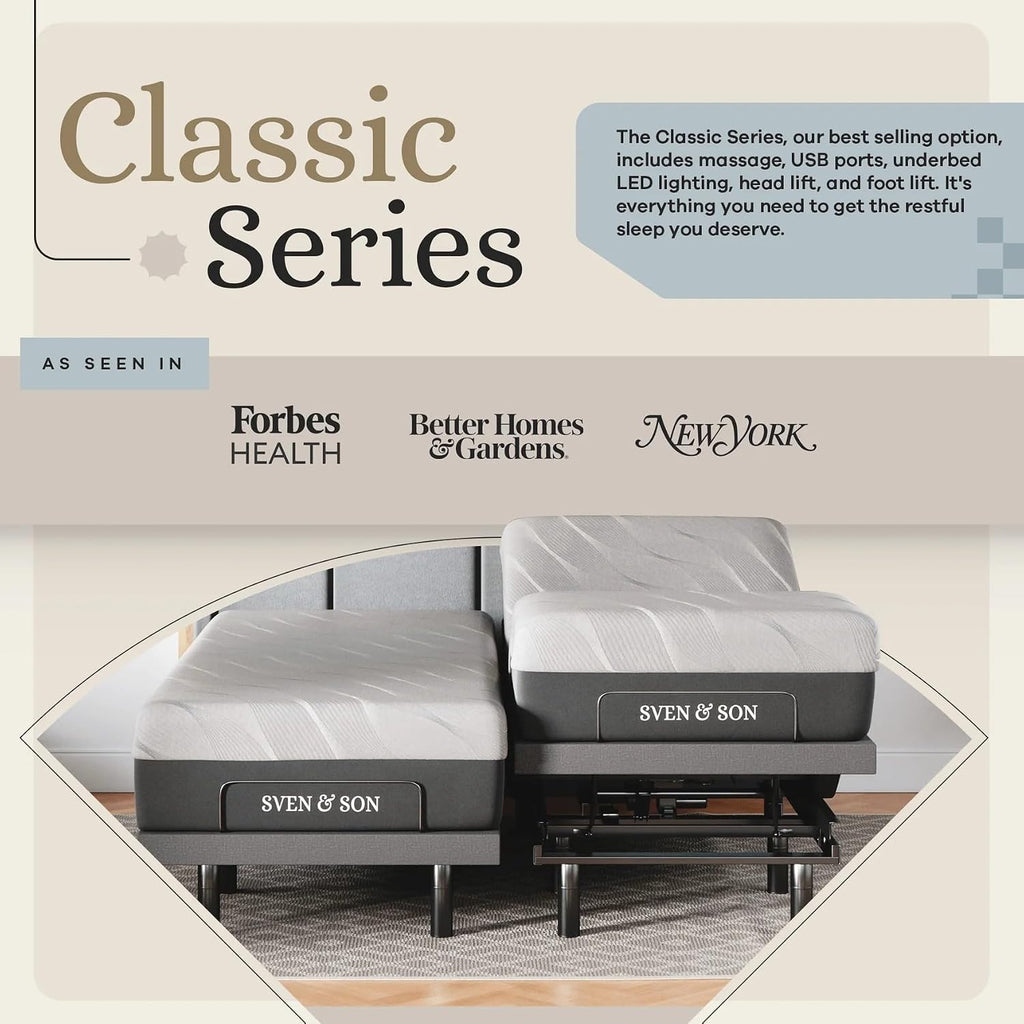 Classic Adjustable Bed Base, Head and Foot Lift, Massage, Under-Bed Lights, USB, Gel Memory, Zero Gravity Smart Frame