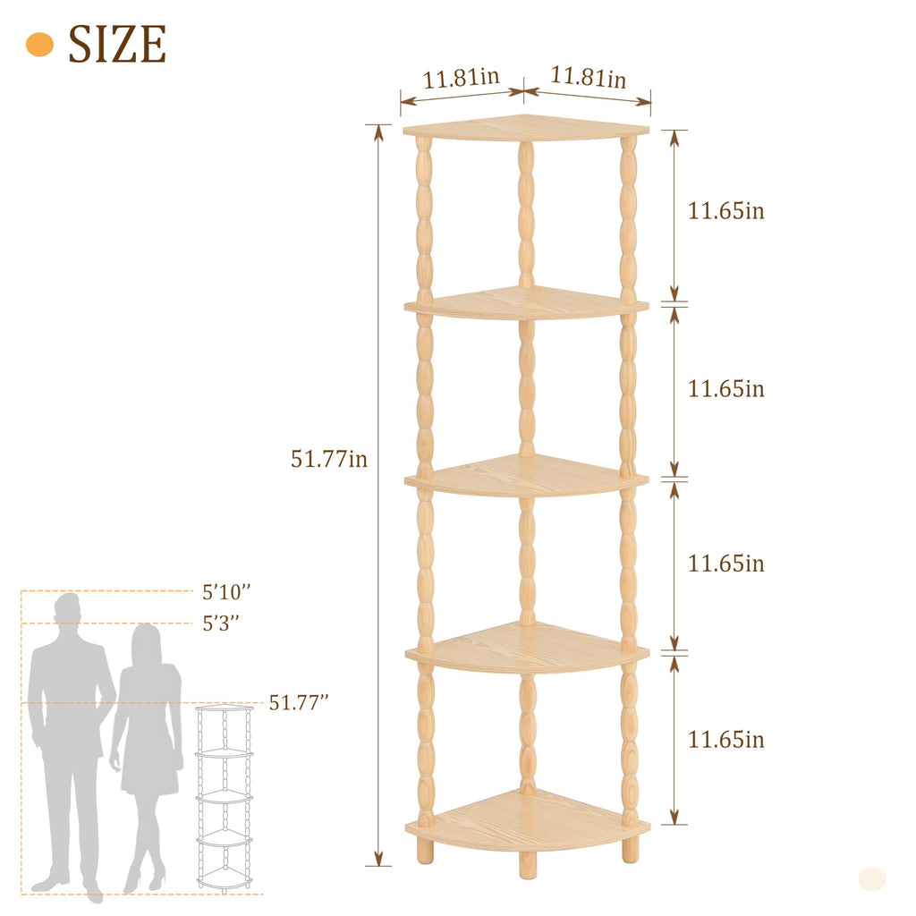 Corner Shelf, 5-Tier Corner Bookshelf for Small Spaces, Stylish Corner Storage Display Shelves (Natural)