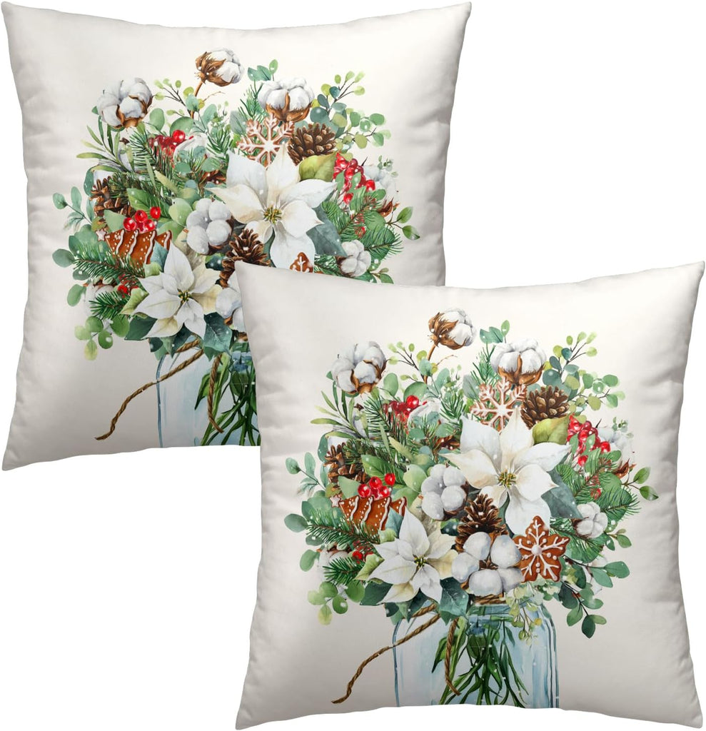 Winter Floral Bouquet Throw Pillow Covers 18x18 Inch 2 Packs Christma Poinsettias Pinecones Pillowcase Holly Berries - Set of 2