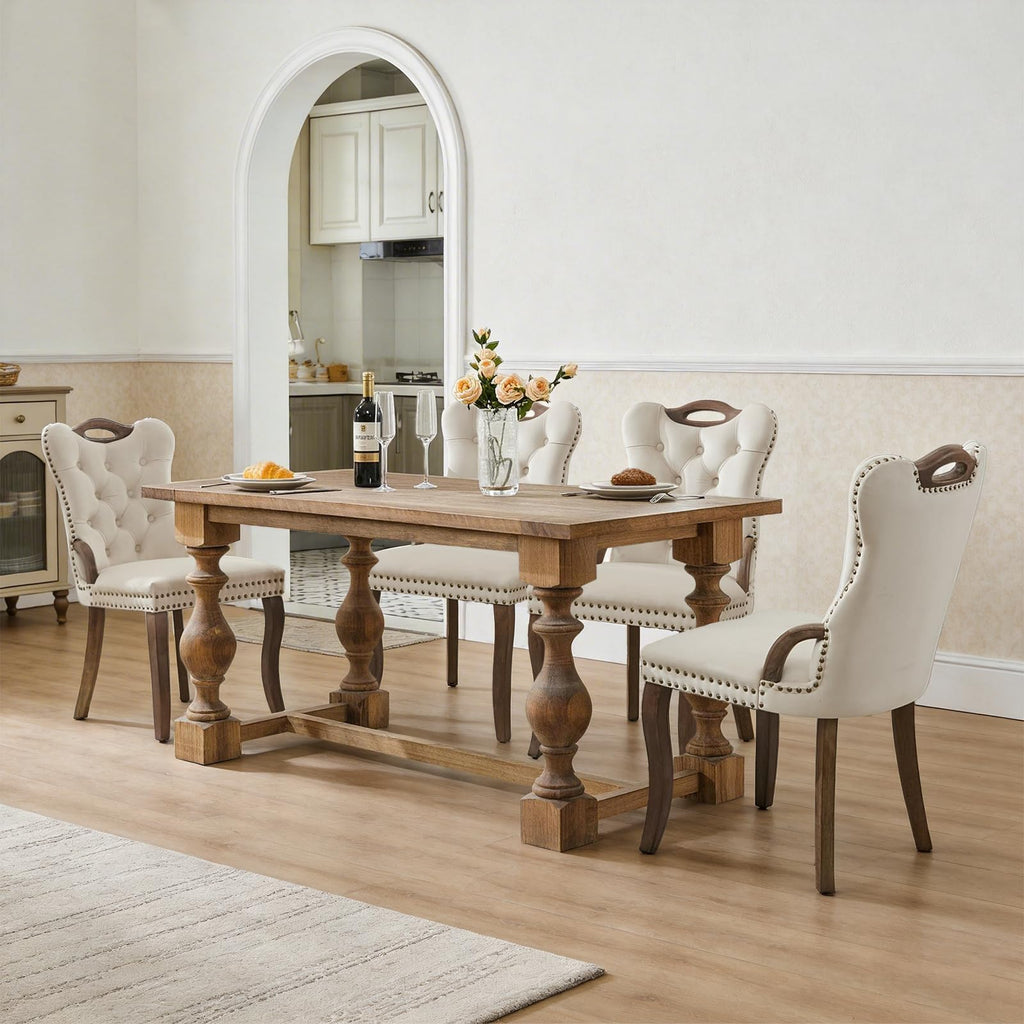 Velvet Dining Chair Set of 2, Solid Wood Handles, Upholstered Tufted Dining Room Chair with Nailhead Trim (Beige)