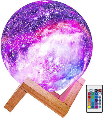 Kids Night Galaxy Lamp 5. inch 16 Colors LED 3D Star Moon Light with Wood Stand, Remote & Touch Control USB