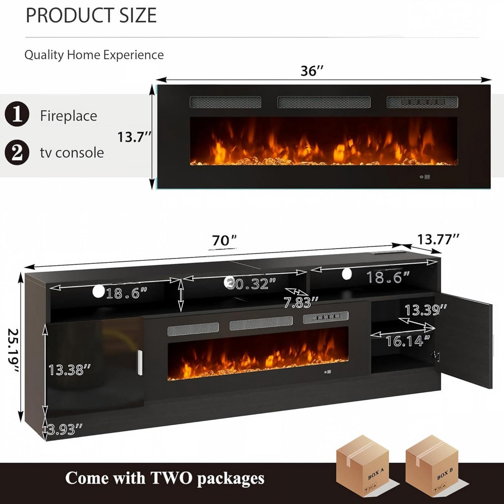 70" for TVs up to 80", Modern Entertainment Center with 36" Electric Fireplace, Built-in Power Outlet, 12-Color LED
