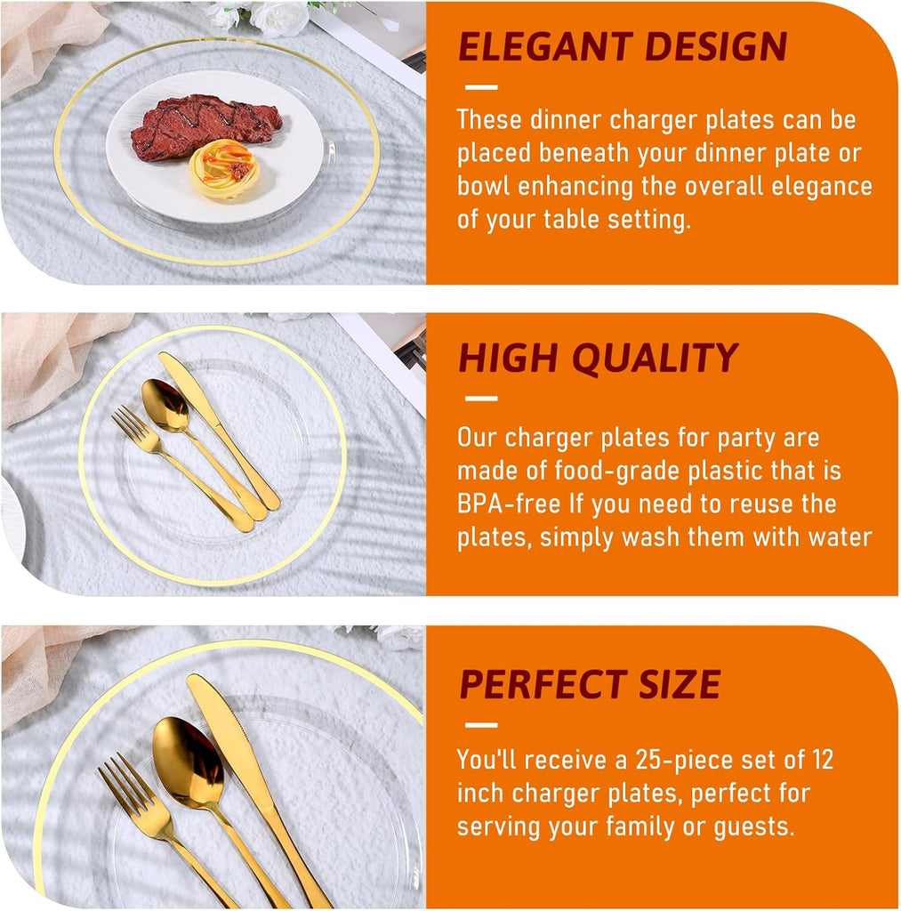 Inch Gold Charger Plates, Clear Charger Plates with Gold Trim, Disposable Plastic Charging Plate Bulk - Set of 25