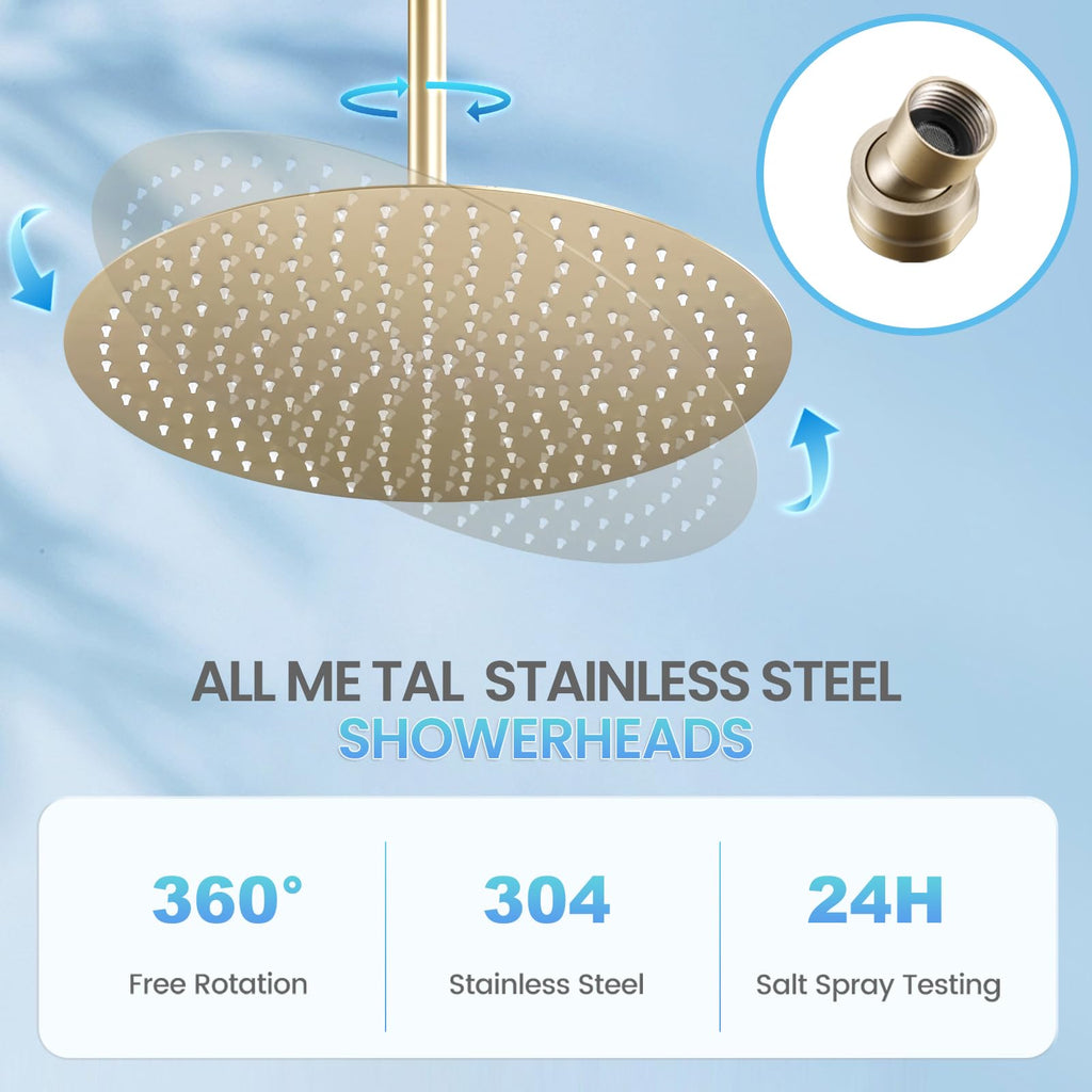 16 inch Brushed Gold Round Rain Shower Head, All Metal Stainless Steel 304, Ultra Thin Design, Full Body Rainfall