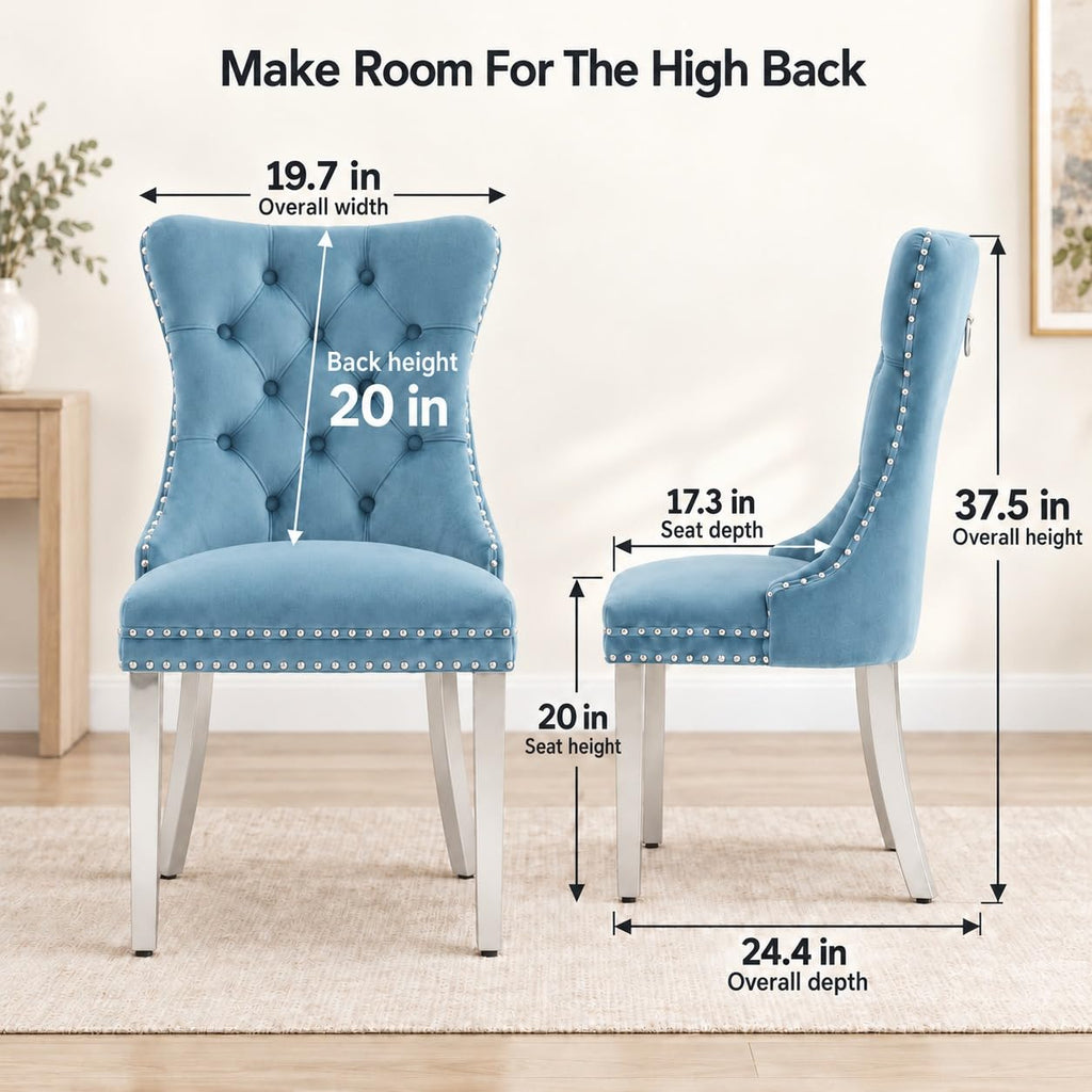 Luxury Upholstered Dining Chairs Set of 4, Light Blue Kitchen Chair with Silver Metal Legs, Velvet Tufted Back Dining