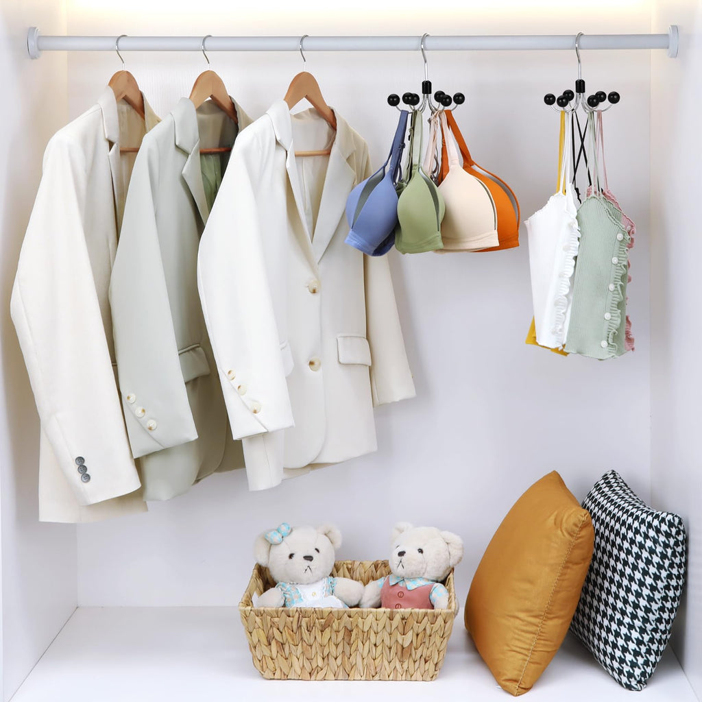 Hoodie Hangers 4-Pack with 6 Wood Balls, 360°Swivel Purse Hanger, Scarf Hanger, Closet Hooks, Handbag Organizer, Bra