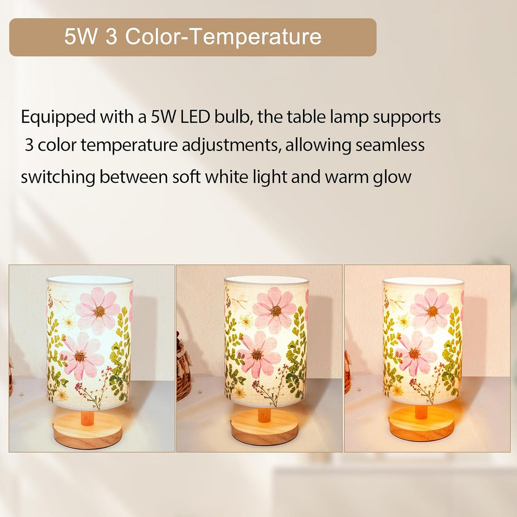 Dried Flowers Small Table Lamp 5W LED Color Bedside Lamp Pressed Flowers Lampshade with Wood Base Living Room Desk
