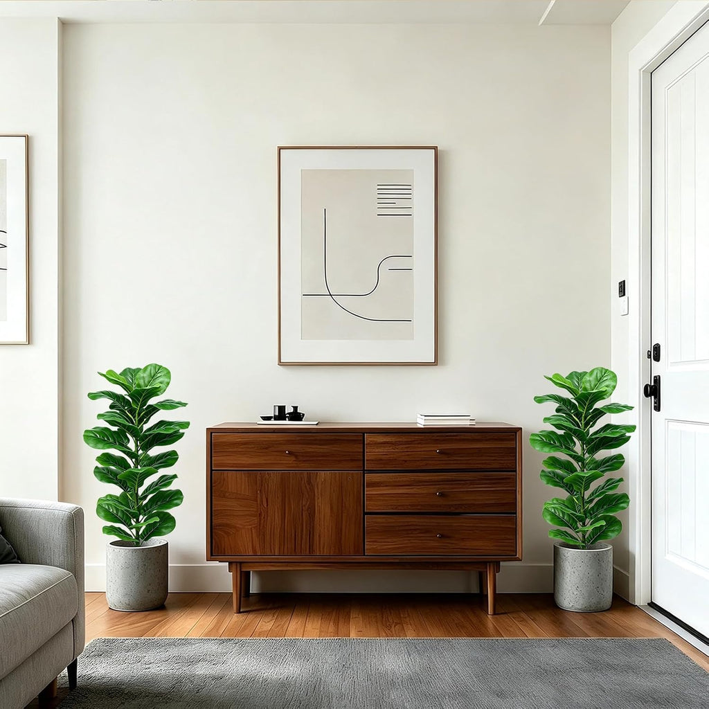 40'' Faux Fiddle Leaf Fig Trees, Faux Trees Indoor Floor Plant, Fake Trees with Green Turf, Faux Plants Indoor - Set of 2