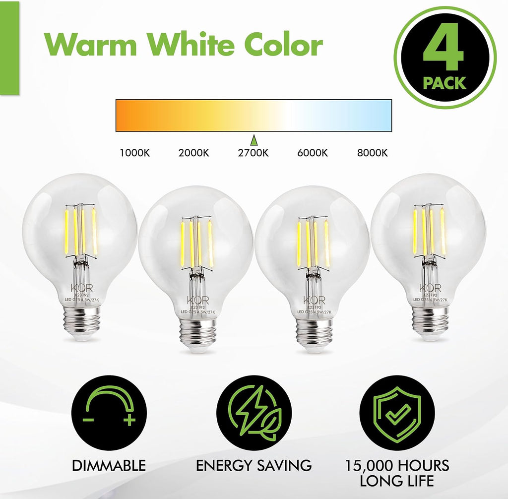 G25 LED Globe Light Bulbs, 40W Equivalent, 2700K, Dimmable, 4-Pack