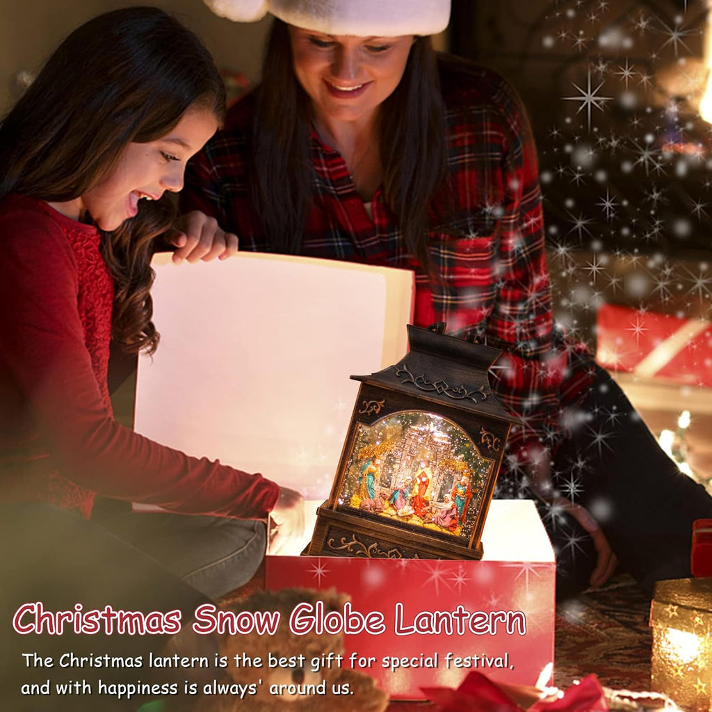 Christmas Nativity Snow Globe Lantern Musical Swirling Glitter Light