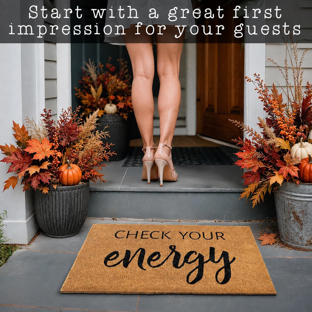 Check Your Energy Welcome Mat 30x17 Inch, Funny Coir Doormat for Front Door | Funny Home Decor, Conversation Starter