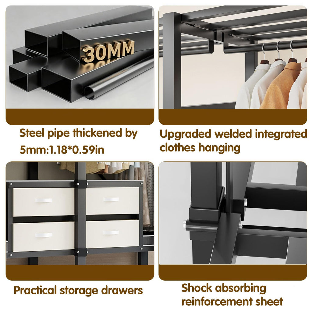 Heavy Duty Clothes Rack with Cover, Foldable Portable Wardrobe Closet with Drawers, Rolling Black Metal Garment Rack