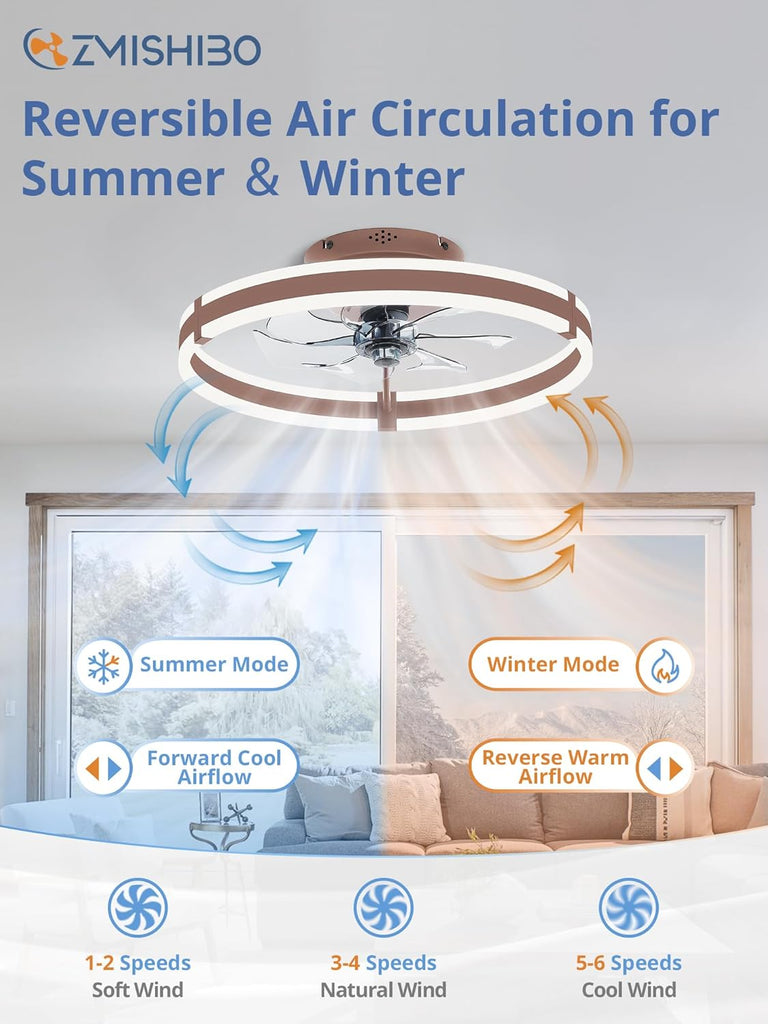 Ceiling Fans with Lights and Remote, 19.7'' Low Profile Ceiling Fan, 3000-6000K Dimmable Modern Flush Mount LED Fan Light, 6 Wind Speeds, Brown Fandelier Ceiling Fans for Bedroom A101-B0F1CCS35J