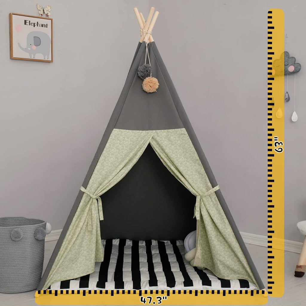 Teepee Tent for Kids Stripe Padded Mat Foldable Dark Tone Grey Play Tents for Girl and Boy with Carry Case Wooden