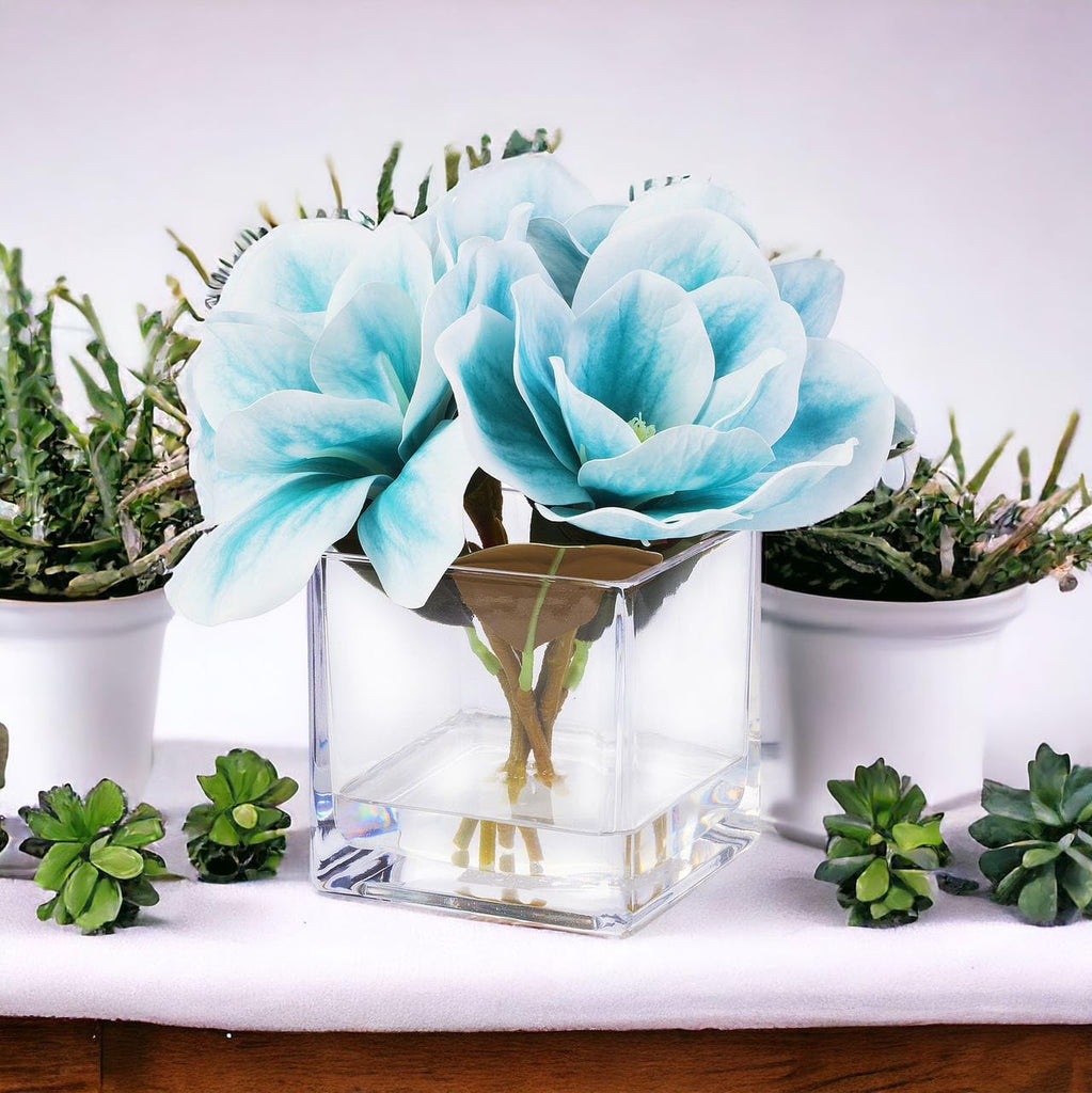 Floral Artificial Real Touch Magnolia Faux Flowers Arrangement in Cube Glass Vase with Faux Water Wedding (Blue)