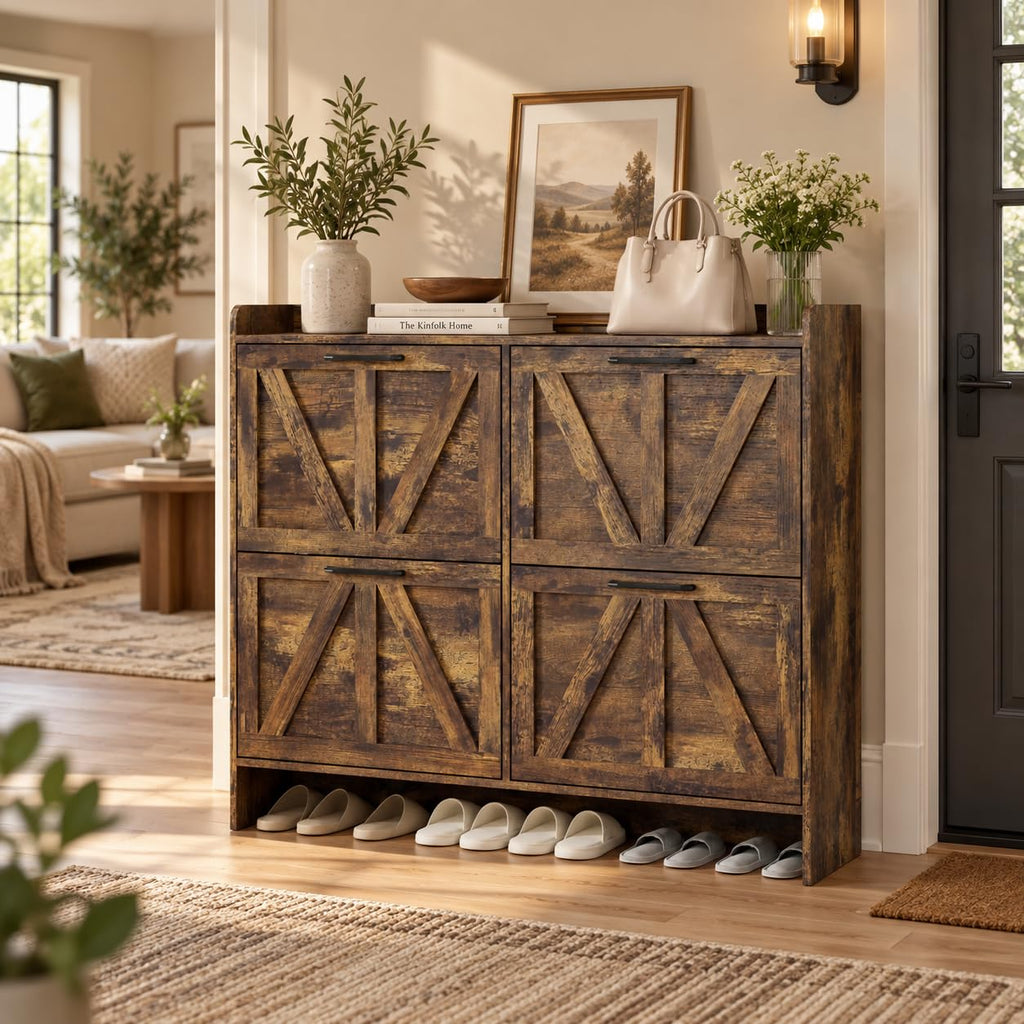 Farmhouse Shoe Storage Cabinet with 4 Flip Drawers, Rustic Brown