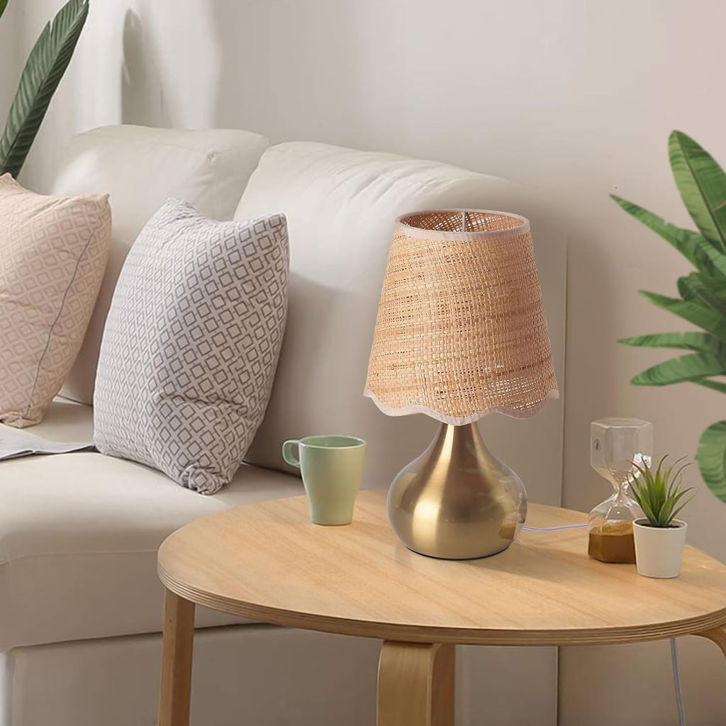 Gold Small Bedside Table Lamp, Brass Gold Mini Table Lamps for Nightstand, Rattan Shade Table Lamps for Small Spaces