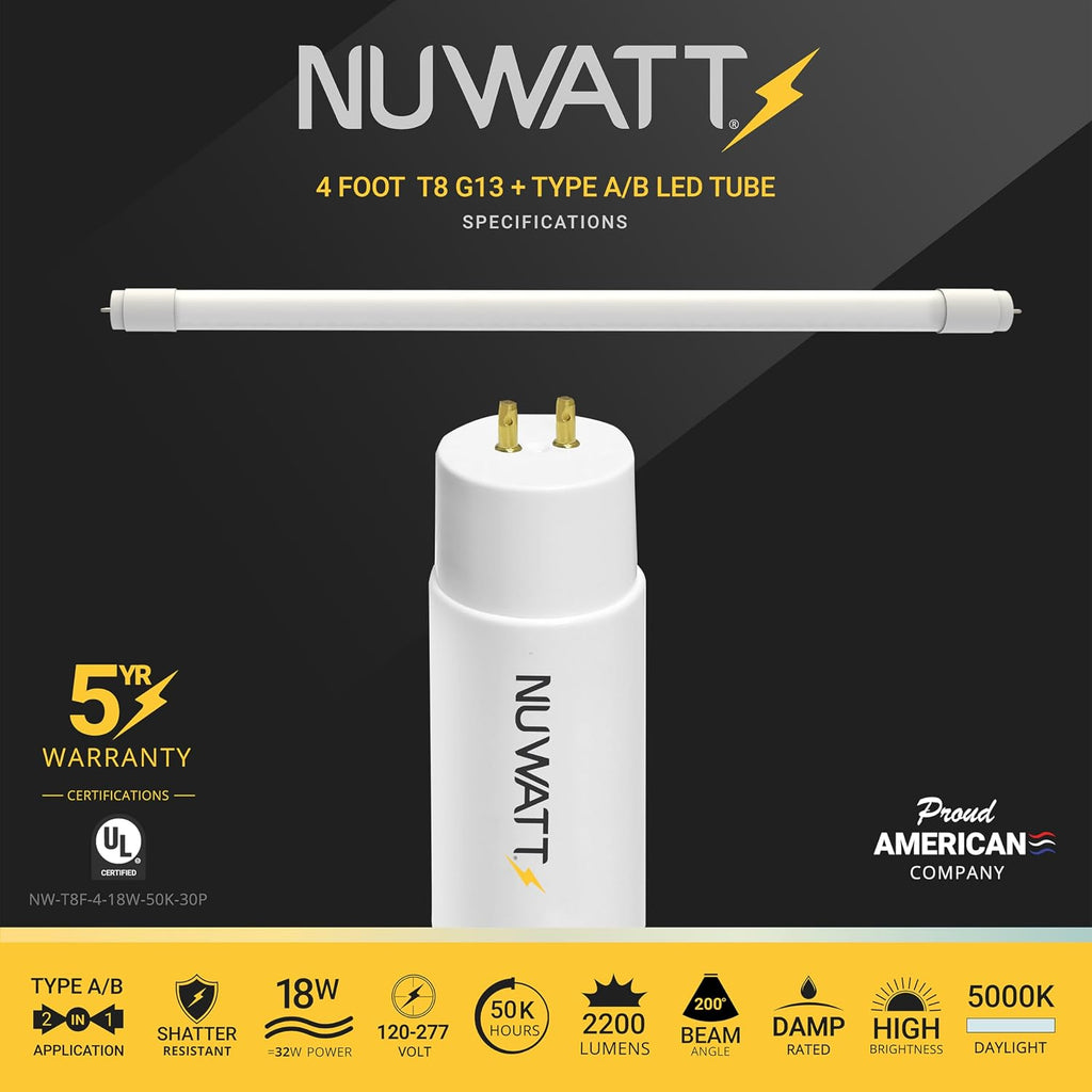 30 Pack T8 LED Bulbs 4 Foot Dimmable, 5000K, Single/Dual Ended, UL