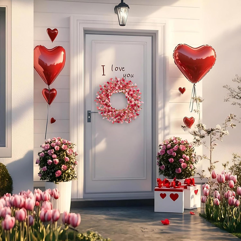 24 Inch Floral Wreath for Valentine's Day - Pink Red Ombre Wreath with Heart Shaped Berry ,Forsythina Flowers Outdoor