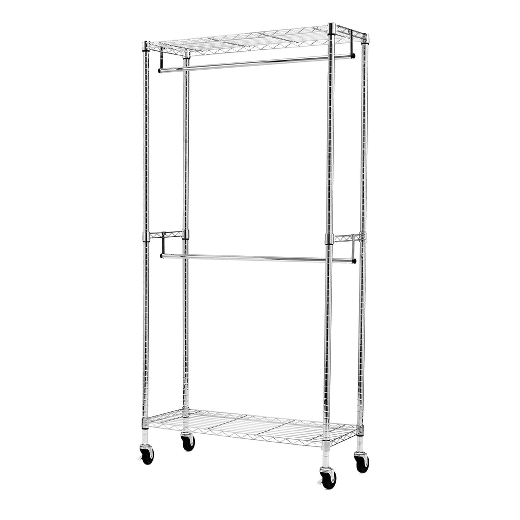 Adjustable Clothes Rack for Handing, Double Hanging Rod Garment Rolling Closet Clothing Organizer, Chrome, 36'' x