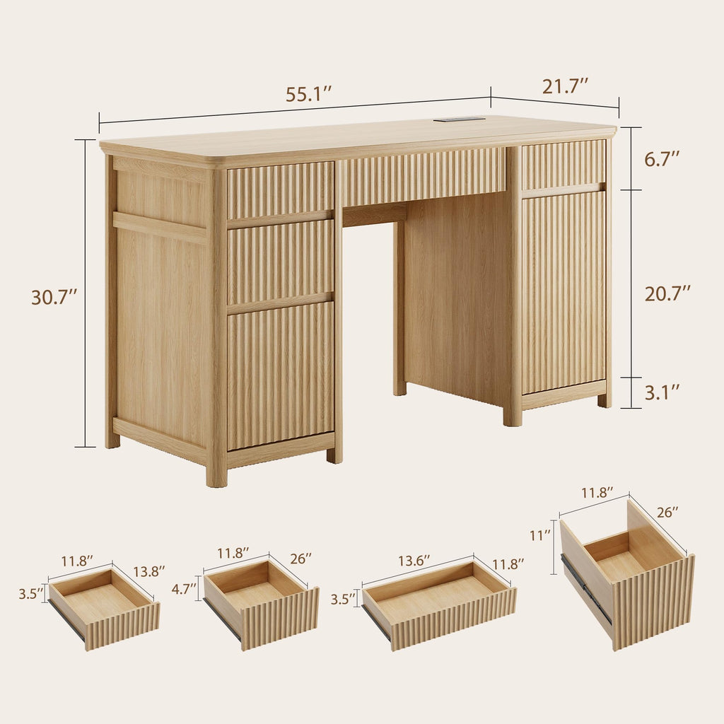 55" Fluted Executive Desk with Drawers & Charging Station, Large Wood Computer Desk with File Drawer and Storage